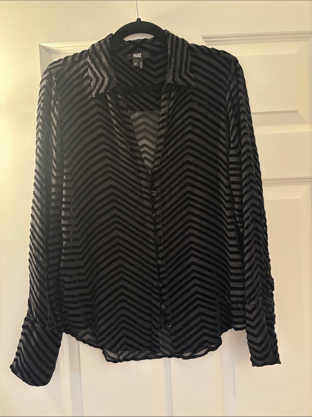 PAIGE Black Chevron Stripe Sheer Button-Down Shirt